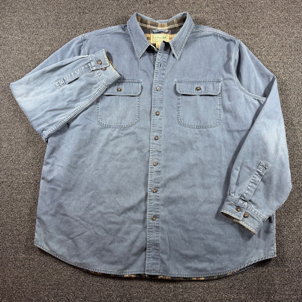 L.L. Bean Men's 2XL Flannel Lined Hurricane Work Shirt Jacket Light Blue Shacket - Picture 3 of 8